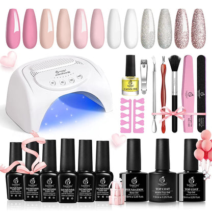 Beetles Gel Nail Polish Kit with 48W light 18 Pcs Gel Starter Kit,6 colors Nude Pink French White Glitter Gel Polish Soak Off Base Top Coat Gel Art Manicure Kit