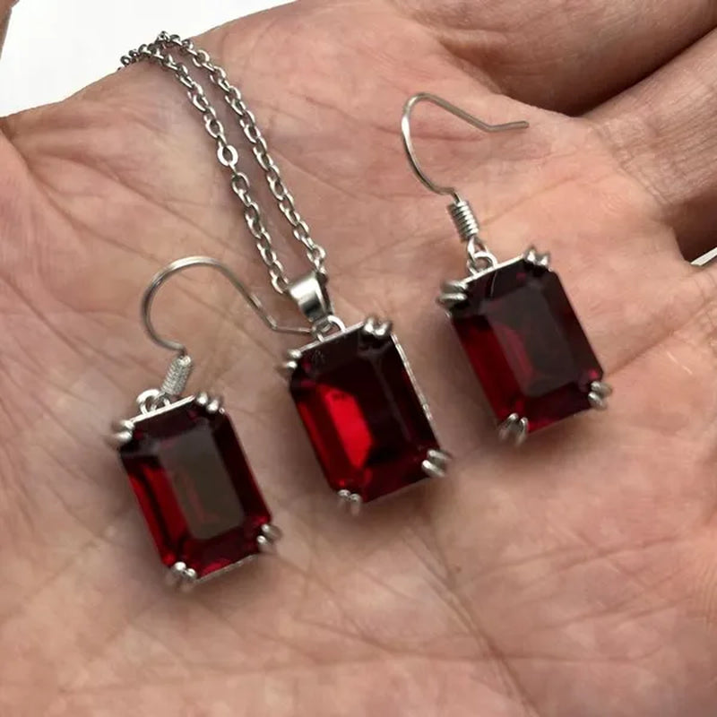 3Pcs/Set Women Colorful / Red /Blue/ Green Gemstone 925 Silver Plated Earrings Pendants Necklace Jewelry Sets Valentine Gifts (choose Color)
