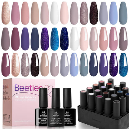 Beetles 23Pcs Gel Nail Polish Kit with Glossy Matte Top Coat and Base Coat Girls Night Collection White Nude Gray Glitters Gel Nail Polish Set U V Soak Off Holiday Manicure for Women Girls