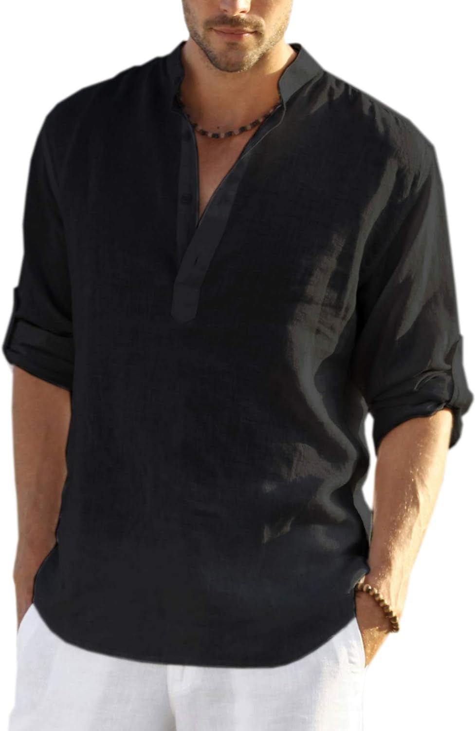 Men'S Cotton Linen Henley T-Shirts Long Sleeve Hippie Casual Beach T-Shirts