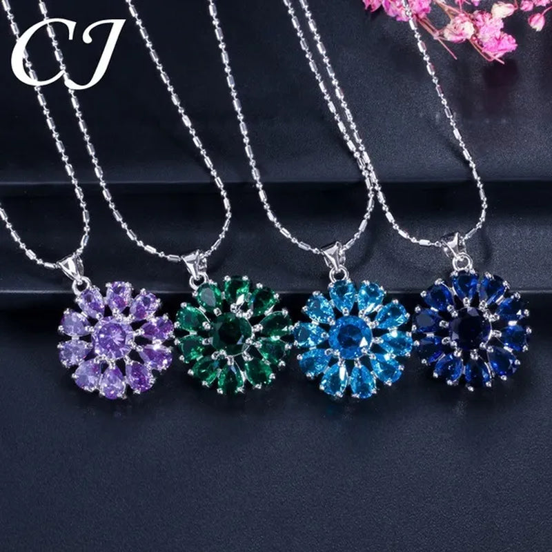 CANDICE BLUE Zirconia Stone Flower Stud Earrings Necklace Ring Fashion Sterling Silver Plated Jewelry for Christmas Party