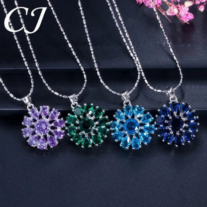 CANDICE BLUE Zirconia Stone Flower Stud Earrings Necklace Ring Fashion Sterling Silver Plated Jewelry for Christmas Party