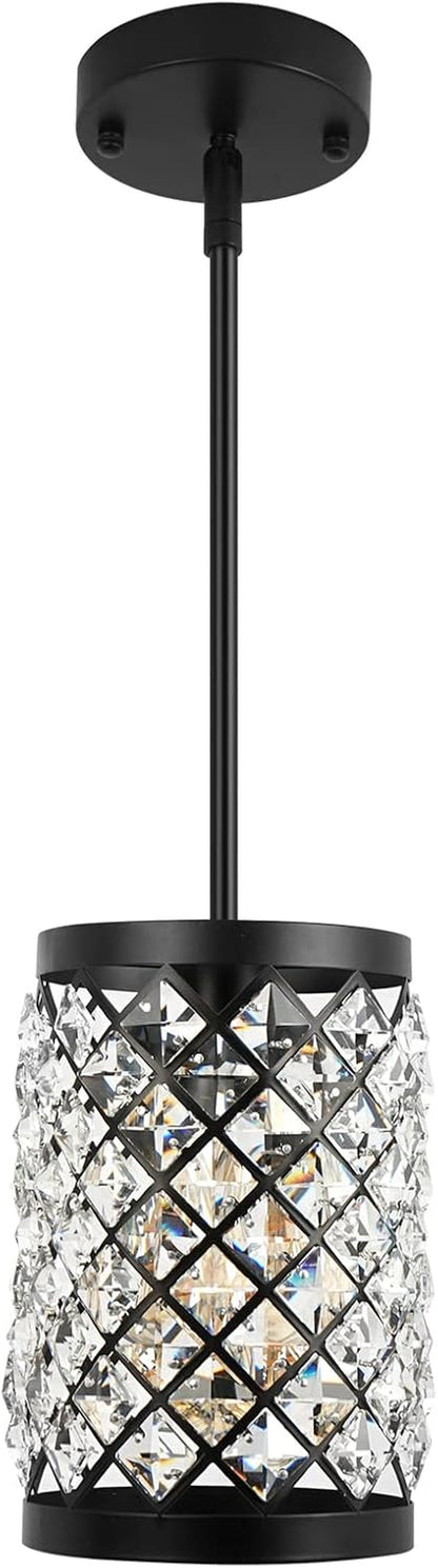 Modern Black Crystal Pendant Light, Industrial 1-Light Small Hanging Glass Ceiling Lamp Crystal Chandelier for Kitchen Island Sink Dining Living Room Bedroom Entryway
