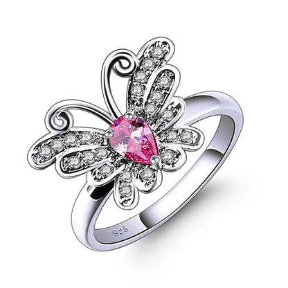 Jewelry 925 Sterling Silver Rainbow Topaz Filled Butterfly Ring for Teen Girls 4*6mm pear shaped high quality lab-created amethyst sapphire Pink gemstone Rings