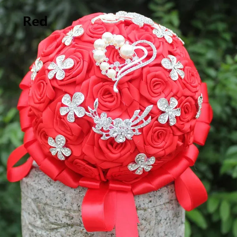 18CM Crystal Wedding Bouquets 100% Handmade Durable Holding Artificial Flowers Diamond Brooch Pearl Bridal Bouquets