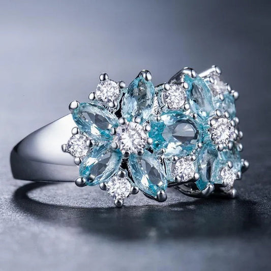 Fashion Women Blue Sapphire Flower Rings Crystal Zircon Gemstone Rings Size 6-10