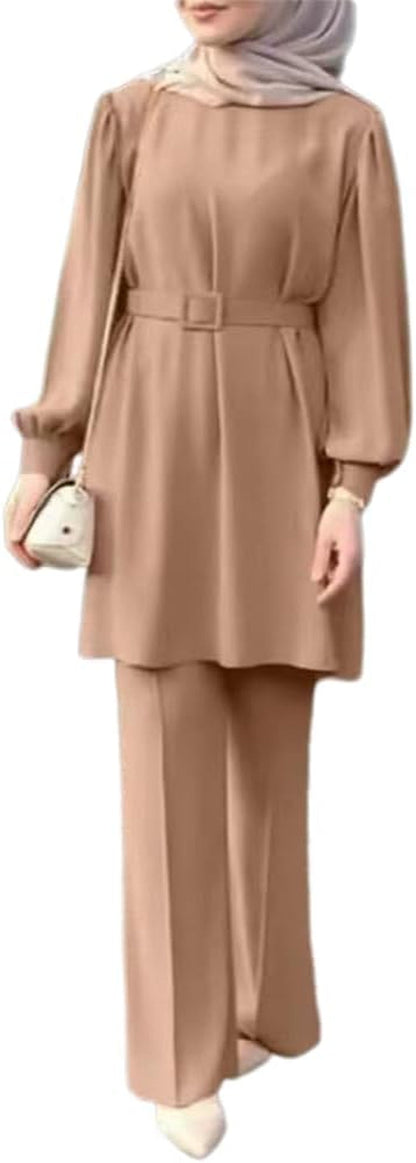 Abayas Dress for Women Muslim Long Sleeve Loose Top Pants 2 Pcs Dubai Islamic Muslim Women Matching Sets