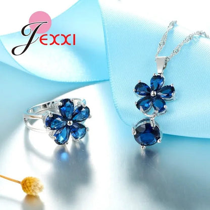 Flower Blue Crystal Sterling Silver Women Trendy Necklace Earrings Ring Bridal Wedding Jewelry Set