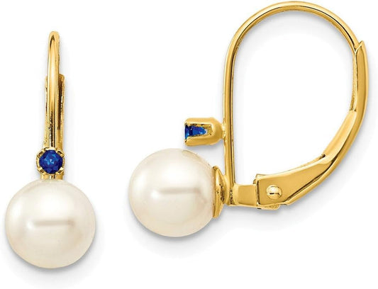14K Yellow Gold 5-5.5Mm White round FW Cultured Pearl Sapphire Leverback Earrings