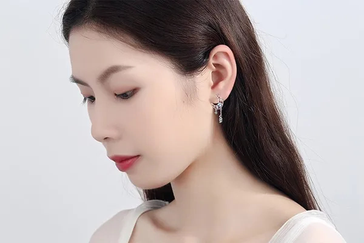 925 Sterling Silver Hollow Moon Zircon Tassel Dangle Earring Elegant Colorful Moonstone Earring For Women Jewelry