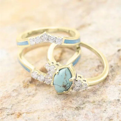 3Pcs/set Exquisite and Elegant Inlaid Zircon and Turquoise Women's Ring, Fashionable Bride Engagement Wedding Ring Set Promise Ring, Valentine's Day, Birthday Gift for Her, Jewelry Accessories
