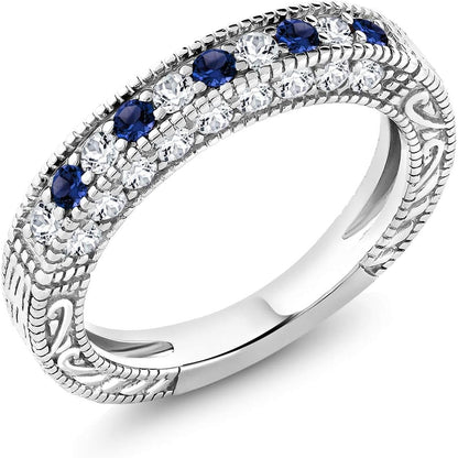 925 Sterling Silver Blue and White Created Sapphire Ring | Wedding Band Ring for Women | 1.00 Cttw | Available in Size 5, 6, 7, 8, 9