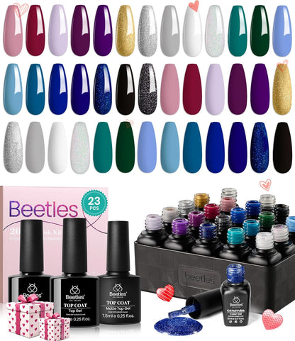 Beetles 23Pcs Gel Nail Polish Kit with Glossy Matte Top Coat and Base Coat Girls Night Collection White Nude Gray Glitters Gel Nail Polish Set U V Soak Off Holiday Manicure for Women Girls