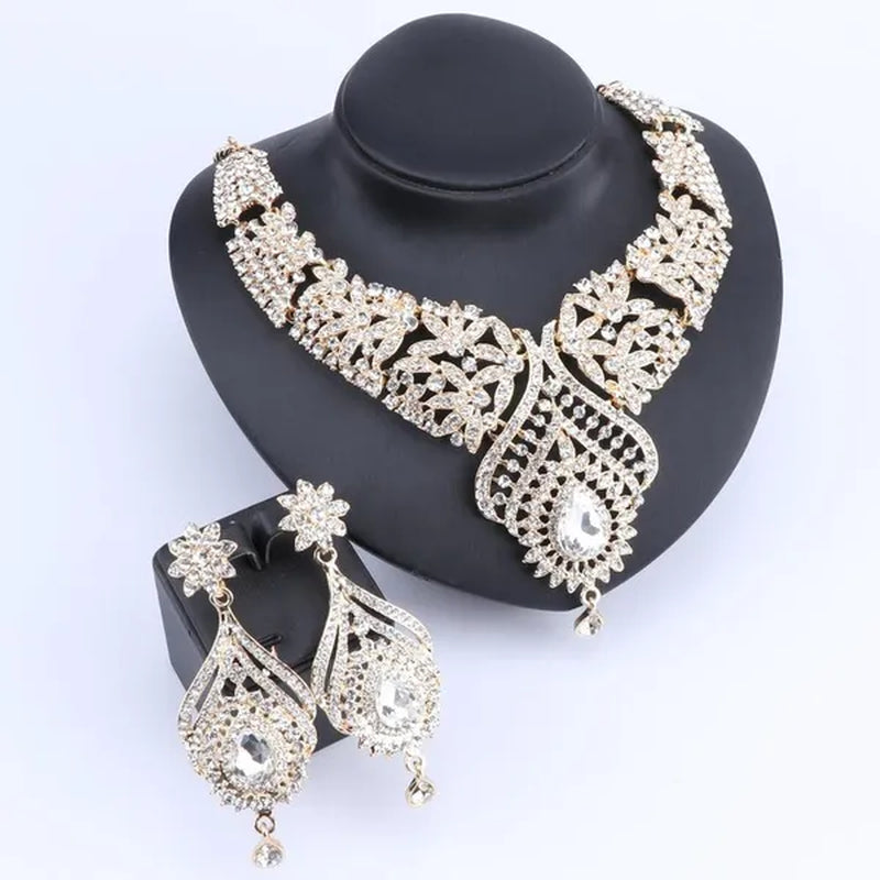Luxury Women's Elegant Austrian Crystal Statement Necklace Earrings Bridal Party Jewelry Set For Wedding Dress