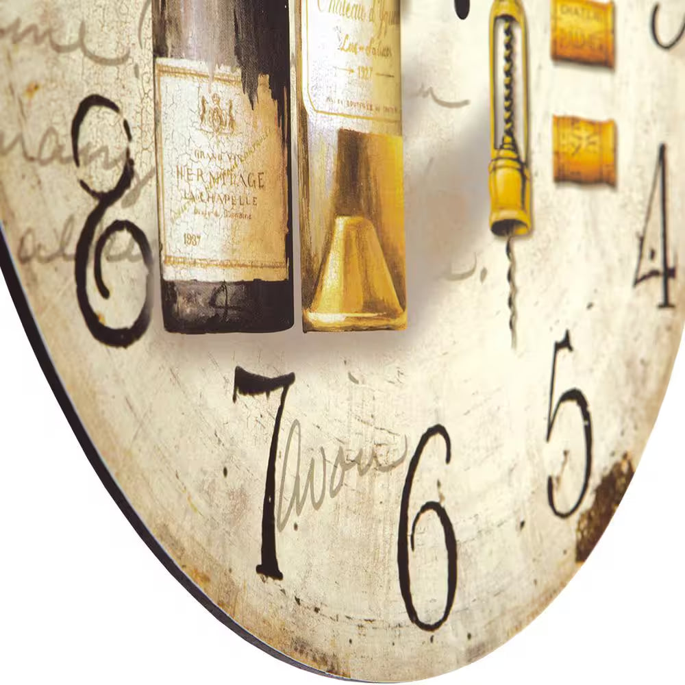 14 In. Circular Wooden Wall Clock with 2-Bottles of Wine Print