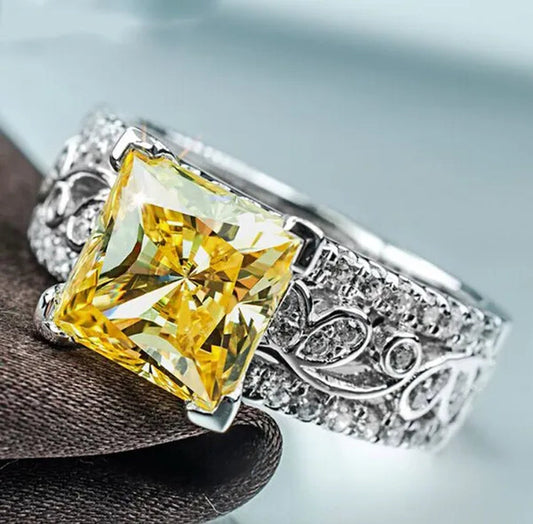 Elegant Silver Yellow Diamond Birthstone Gemstones Engagement Wedding Anniversary Ring Size 6 7 8 9 10