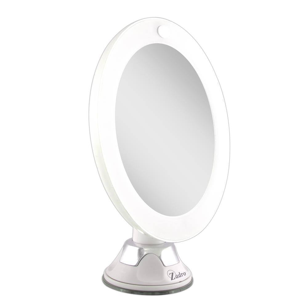 7.75 In. L X 6.5 In. W LED Lighted round Suction Cup Wall Mount 10X Magnification Beauty Makeup Mirror in White