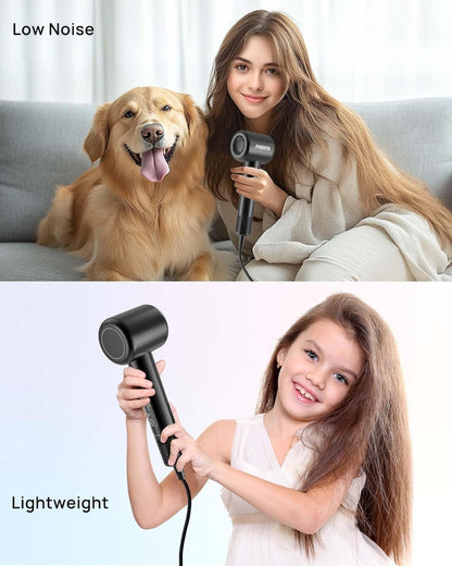 Hair Dryer, High-Speed Ionic Low Noise Blow Dryer with Brushless Motor for Fast Drying, Thermo-Control Quiet Compact Hair Blow Dryer with Magnetic Diffuser for Curly Hair for Home Travel Salon