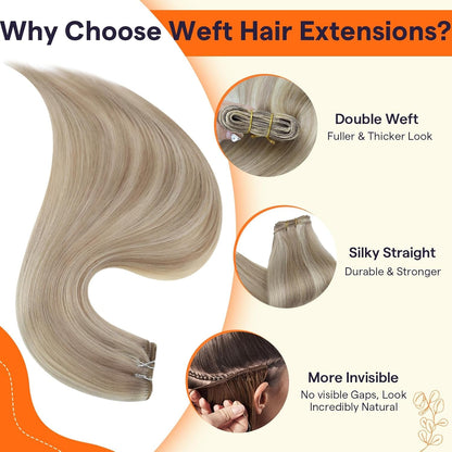Weft Hair Extensions Ash Blonde Hair Wefts Human Hair Sew in Blonde Highlight Human Hair Weft Extensions Full Ends Double Weft Remy Hair Extensions 20 Inch 105G #18/613