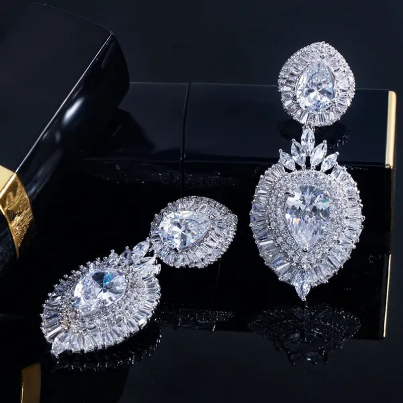 CANDICE Luxury Jewelry 18K Platinum Plated Double Large Water Drop Cubic Zirconia Crystal Long Dangle Earrings For Wedding Gift