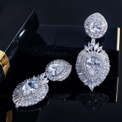CANDICE Luxury Jewelry 18K Platinum Plated Double Large Water Drop Cubic Zirconia Crystal Long Dangle Earrings For Wedding Gift