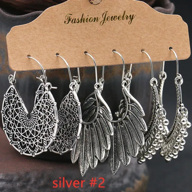 3 Pairs Women's Fashion Jewelry Vintage Bohemian Ethnic Carved 925 Sterling Silver Dangle Earrings for Women Charm Geometry Leaves Hoop Earring Wedding Engagement Party Banquet Earrings