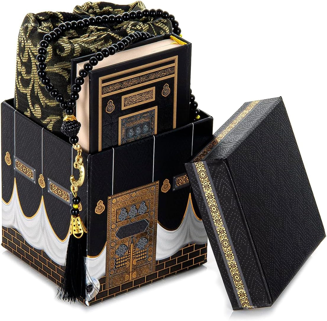 , Prayer Rug, Prayer Mat for Muslim with Kaaba Design Cubic Gift Box, Islamic Salah Mat for Worship, Namaz Rug, Praying Carpet, Sajadah, Islamic Gifts for Men, Women, Black
