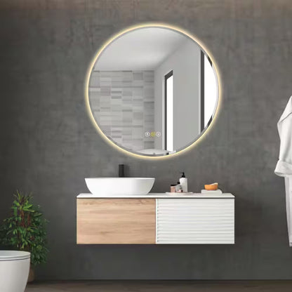 RS 32 In. W X 32 In. H round Beveled Edge 3 Colors Dimmable LED Anti-Fog Memory Wall Mount Bathroom Vanity Mirror