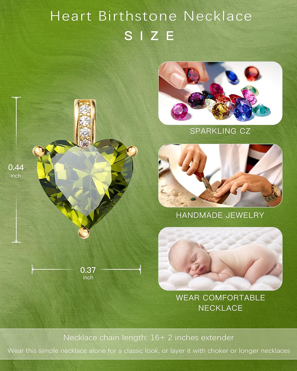 Genuine Birthstone Necklace for Women, Heart Love Necklace, Birthday Gifts for Her