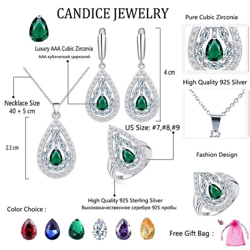 CANDICE Women's Sterling Silver Plated Jewelry Set Summer New Fashion Blue Zircon Necklace Pendant Earrings Ring（US 7-9)