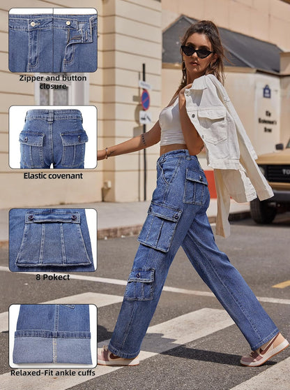 Women Pants High Waisted Cargo Pants Combat Military Wide Leg Casual Trousers 8 Pockets