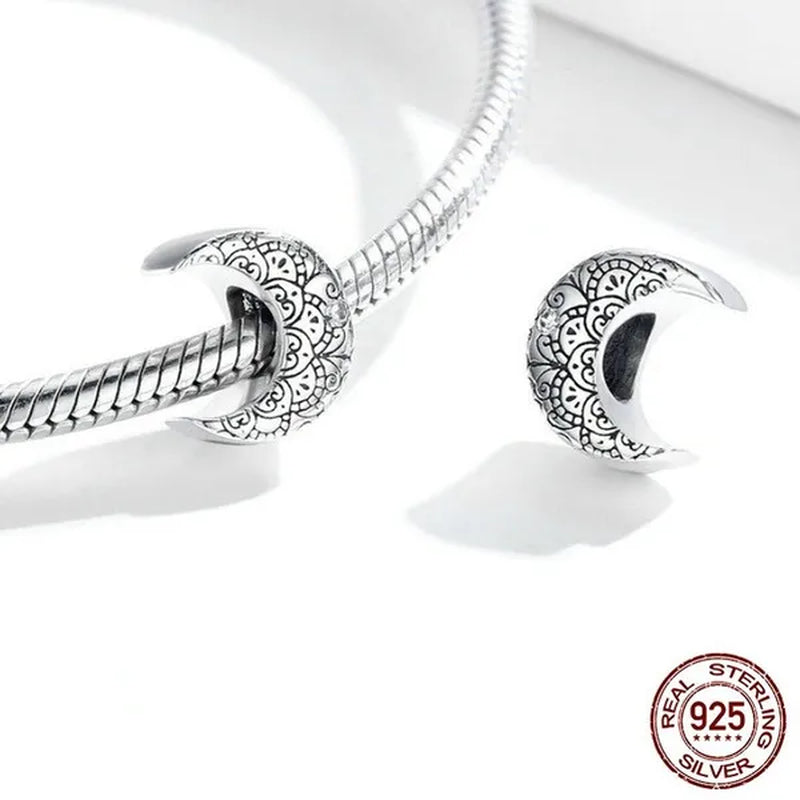 Genuine 925 Sterling Silver Vine & Moon Beads Charm Fit Charm Bracelets DIY