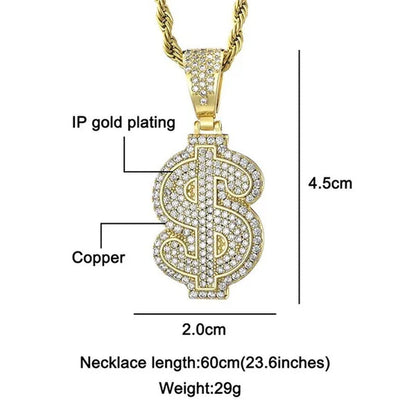 Full Diamonds Heart Shape / US Dollar Symbol Pendant with 24" Rope Chain Necklace Iced Out Brass Jewelry for Man Woman