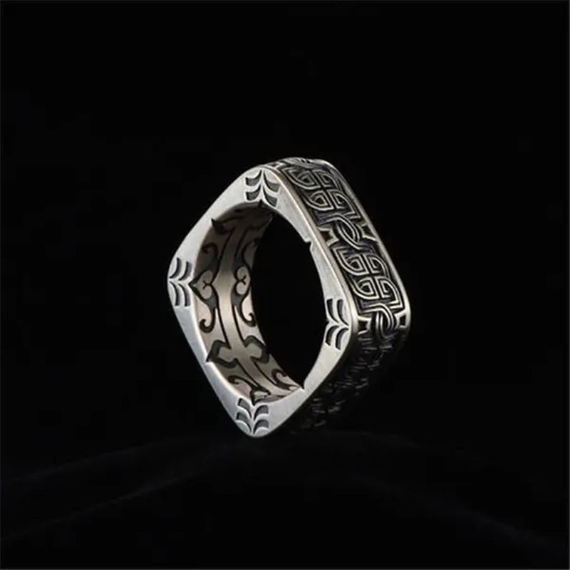 Vintage Carved Pattern 925 Silver Square Rings for Mens Punk Rings Silver Jewelry