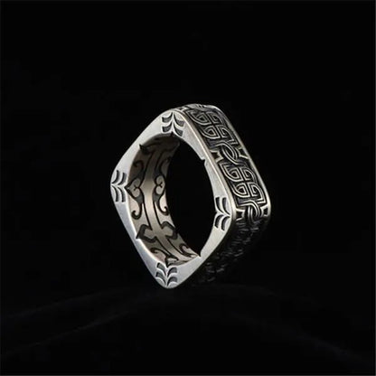 Vintage Carved Pattern 925 Silver Square Rings for Mens Punk Rings Silver Jewelry