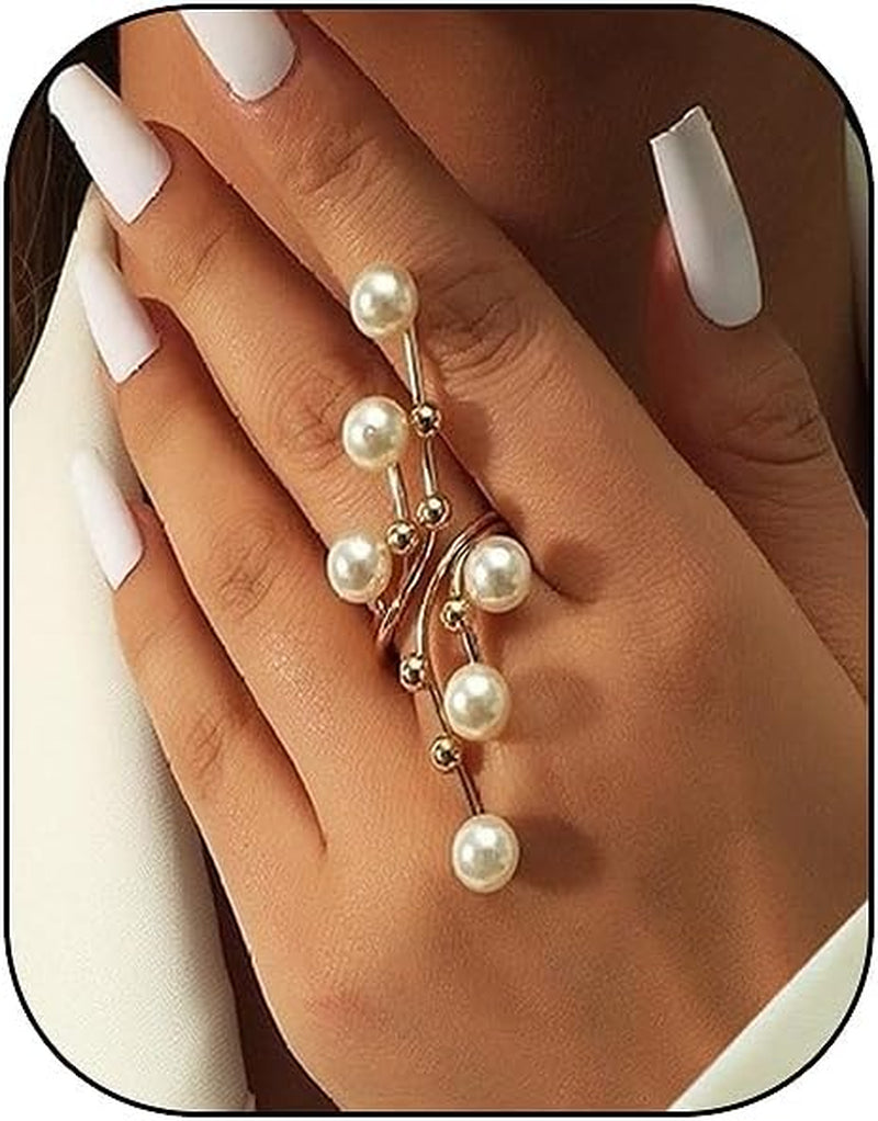 Gold Pearl Rings for Women Chunky Promise Ring Wrap Finger Rings Open Adjustable Stacking Ring Statement Party Prom Jewelry Gifts