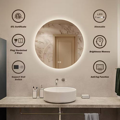 32 In. W X 32 In. H round Frameless LED Light with 3-Color and Anti-Fog Wall Mounted Bathroom Vanity Mirror