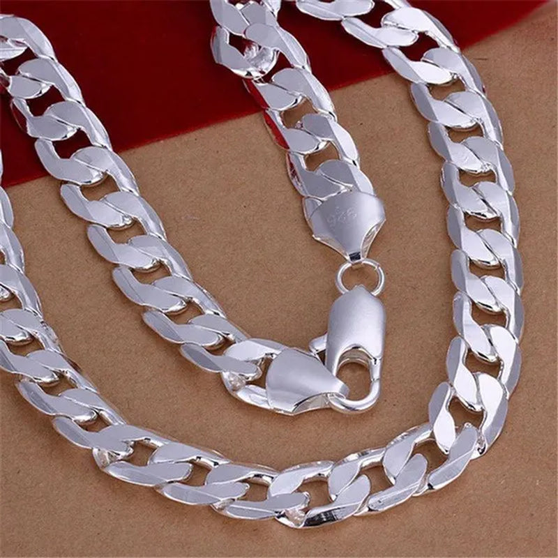 2PCS (Bracelet + Necklace) 925 Sterling Silver Women Men Fashion Jewelry Set Curb Chain Necklace Bracelet 925 Silver Jewelry High Quality Necklace Bracelet 16-30 Inches