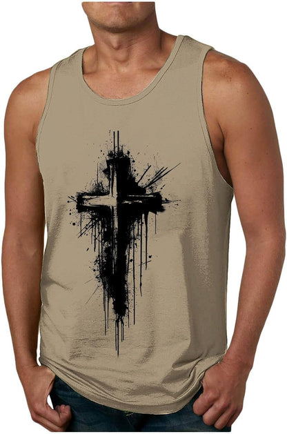 Mens Jesus Sleeveless T-Shirts Muscle Fit Tank Top Faith Christian Cross Bible Graphic Shirts Gym Workout Shirt Tee