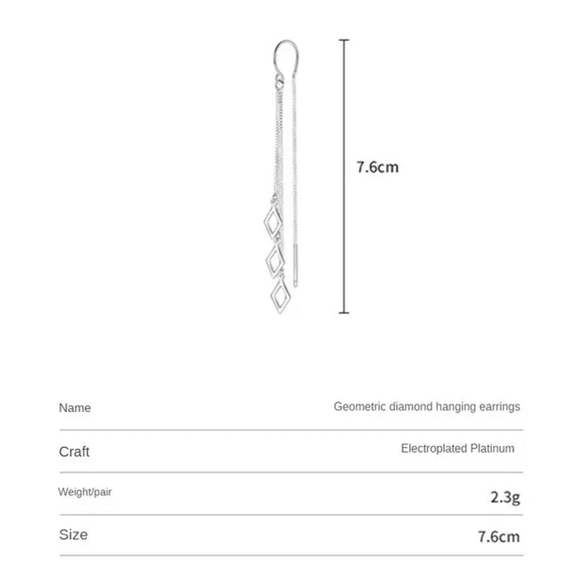 Geometric Rhombus Earrings for Women Temperament Tassel Long Ear Line Earring 925 Sterling Silver Jewelry