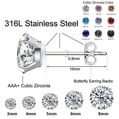 1 Pairs 3-8Mm Unisex Stud Earrings, 316L Stainless Steel round Cubic Zirconia Stud Earring, Ear Cartilage Piercing Earrings 9 Zircon Colors