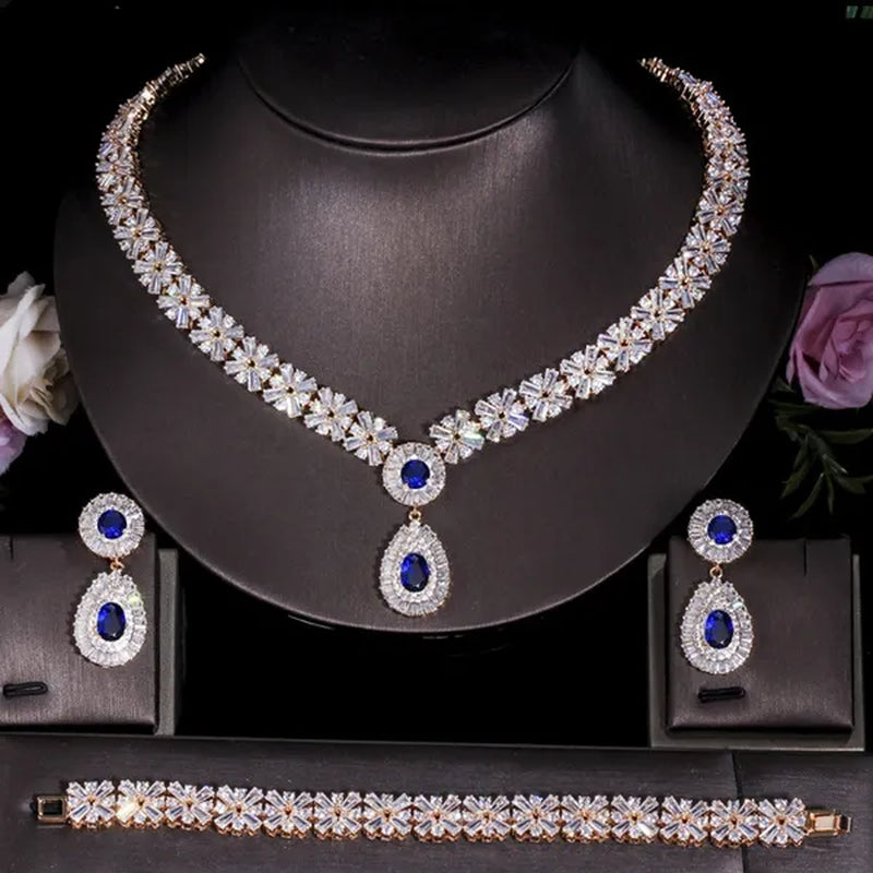 Gloriya Sparkling Cubic Zirconia Water Drop Pendant Necklace Earrings and Bracelet for Women White Gold Plated Latest Luxury Bridal Wedding Jewelry 3 Pcs Set