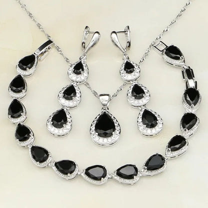 Trendy Water Drop Blue Sapphire White Topaz 925 Sterling Silver Jewelry Sets Women Wedding Earrings/Pendant/Necklace/Bracelet