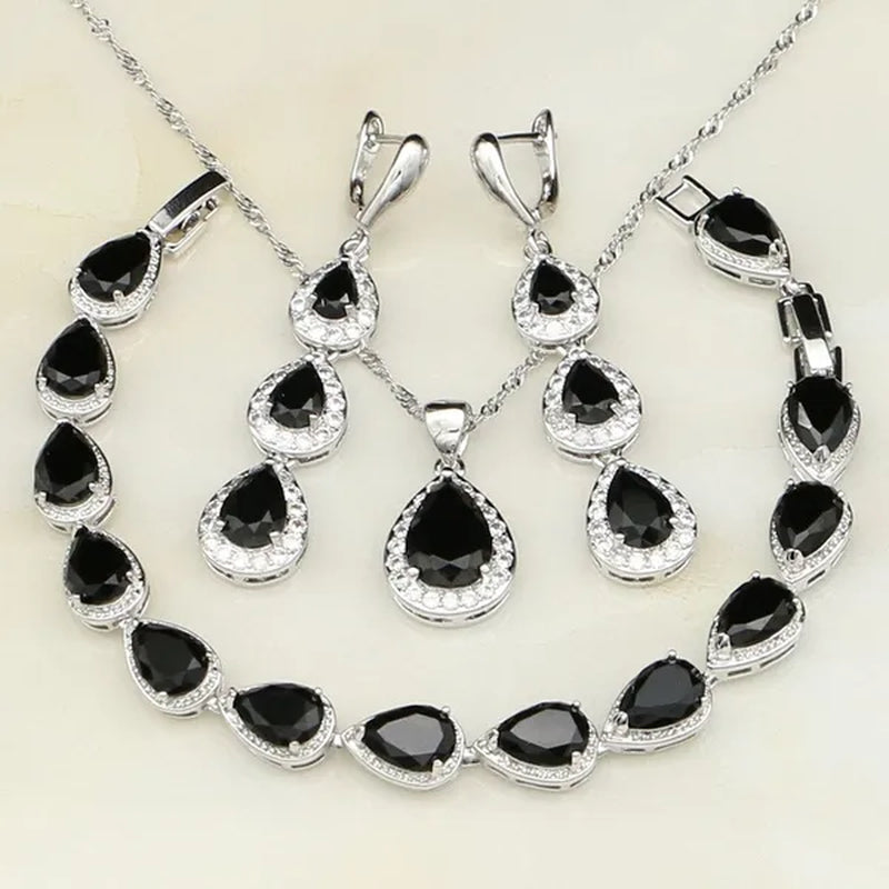 Trendy Water Drop Blue Sapphire White Topaz 925 Sterling Silver Jewelry Sets Women Wedding Earrings/Pendant/Necklace/Bracelet