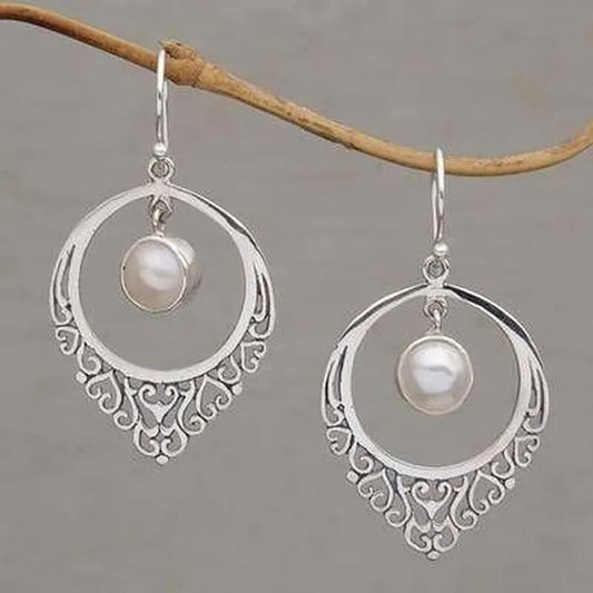 Classic Silver Color Delicate Pattern Engraving Cutout White Pearl Zircon Women's Stud Earrings Set Bridal Anniversary Christmas Gift Beach Party Jewelry