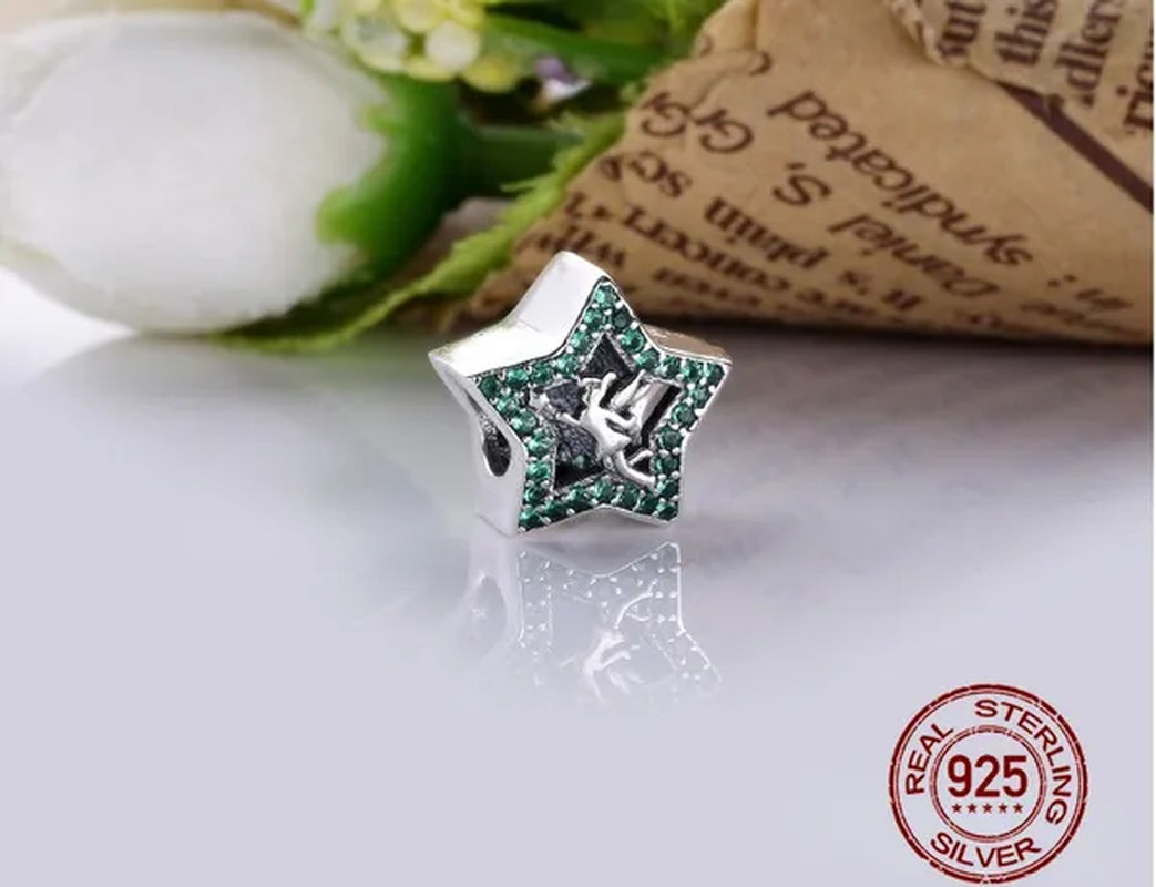 Europen S925 Sterling Silver with Green Zircon Five Pointed Star Forest Flower Fairy Charm Fit Bracelet DIY
