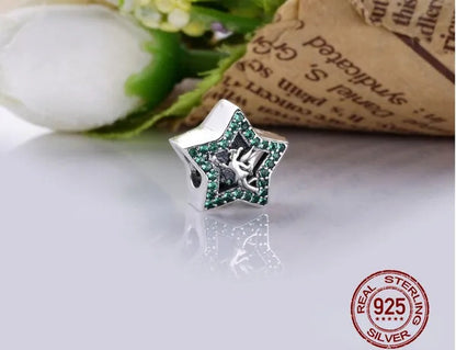 Europen S925 Sterling Silver with Green Zircon Five Pointed Star Forest Flower Fairy Charm Fit Bracelet DIY