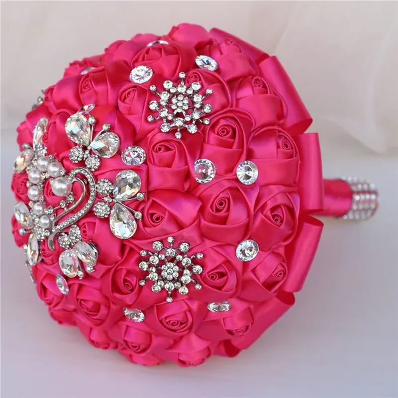 18CM Butterfly Love Diamond Brooch Bridal Bouquet Ribbon Silk Rose Wedding Simulation Flower Bouquet Handmade Bridesmaid Holding Flowers