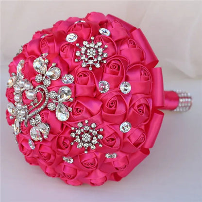 18CM Butterfly Love Diamond Brooch Bridal Bouquet Ribbon Silk Rose Wedding Simulation Flower Bouquet Handmade Bridesmaid Holding Flowers
