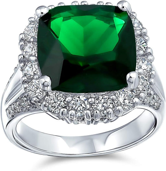 Big Solitaire AAA Cubic Zirconia Pave CZ 5-7CTW Cushion Emerald Cut Simulated Ruby Red Green Vintage Art Deco Style Halo Cocktail Statement Ring for Women Silver Plated Customizable